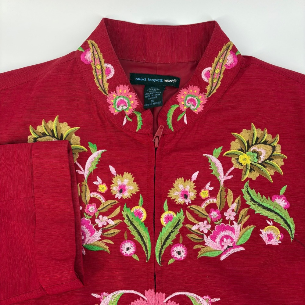 Saint Tropez West Womens Red Silk Blend Floral Embroidered Zip Up Jacket XL